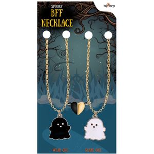 Bixorp Friends BFF Ketting voor 2 met Spookjes & Hartje - Magnetische Vriendschapsketting - Cadeau voor Beste Vrienden - Goud met Dubbele Hangers - 45+5cm