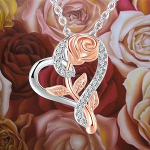 Elegante Valentijn Hart Ketting Roos Bloem Voor Vrouwen Zirkoon Esthetische Rose Bloem Zilver Kleur Geschenk Sieraad Cadeau Liefde