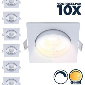 Voordeelpak 10x Led inbouwspot badkamer wit, dim to warm (3000K-2000K), kantelbaar, 5W vervangt 50W, zaagmaat Ø75mm, buitenmaat Ø85mm, 23mm diep