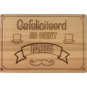 Woodyou - Houten Wenskaart - jij bent jarig, hoed, snor