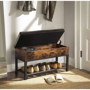 MIRA Home Schoenenbank - Met opbergruimte - Metaal/Leder - Industrieel - Bruin/zwart - 70x30x45