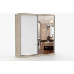 Kledingkast Posa 42 - 2-deurs schuifdeurkast met spiegel, 3 lades en kledingstang - Garderobekast voor slaapkamer, hal en woonkamer - Moderne kast met ruime opbergruimte (Sonoma + Wit)