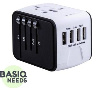 BasiqNeeds Universele Wereldstekker - Reisstekker met 4 USB poorten voor 150+ Landen - Wit