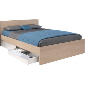 Vente-unique Bed met 2 laden 160 x 200 cm - Kleur: naturel en glanzend wit - VELONA L 164.4 cm x H 82.6 cm x D 203.6 cm