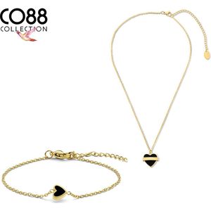 CO88 Collection 8CO-SET105 Stalen Sieraden Set - Dames - Armband 16,5 + 3 cm - Ketting - 38 + 7 cm - Hartje - Zwart - Staal - Goudkleurig