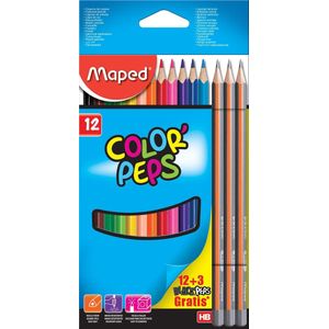 Maped kleurpotloden Color'Peps, kartonnen etui met 12 + 3 Black'Peps potloden gratis