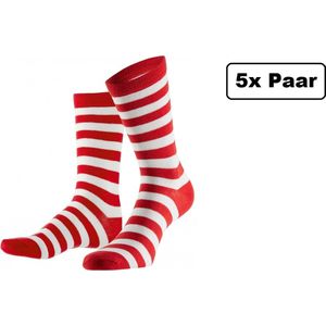 5x Paar gestreepte sokken rood/wit 41-46 - Thema feest party disco festival partyfeest carnaval optocht