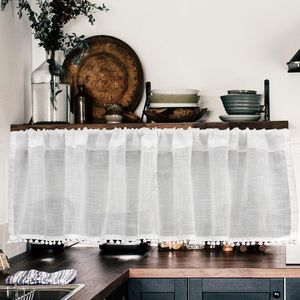 Voile halftransparant, kort gordijn met witte ballen, voor kinderkamer, bistro, eetkamer, katoen, linnen, keuken, semi-transparant, effen, wit, 60 x 150 cm (h x b), 1 stuk