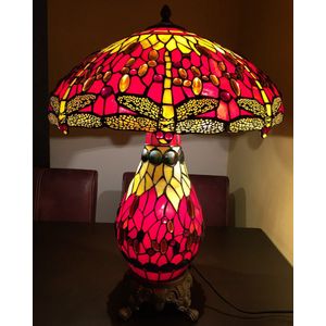 XXL Tiffany lamp Studio stijl ""RED DRAGONFLY"" tafellamp met drie lichtpunten 62cm! - Tafellamp - Glas (glas-in-lood)