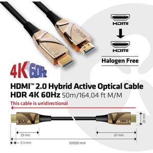 club3D HDMI / Glasvezel Aansluitkabel 50.00 m CAC-1391 Halogeenvrij, High Speed HDMI met ethernet, Vlambestendig Zwart [1x HDMI-stekker - 1x HDMI-stekker]