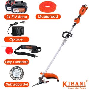 Kibani Accu Bosmaaier - Incl. 2x 21V Accu en Oplader - Elektrische Bosmaaier - met 15CM Onkruidborstel - met Maaidraad, Zaagblad en Draadkop - Grastrimmer - Kantenmaaier