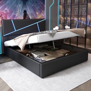 Sweiko Comfortabel gestoffeerd bed met LED lichtstrips, 140*200 cm, tweepersoonsbed met lattenbod, rugleuning, hydraulisch functioneel bed, synthetisch leer, Zwart