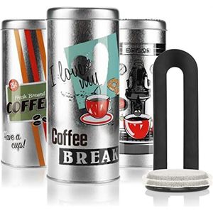 3x koffiepadblikje en 1x padlifter - metalen blikje voor koffiepads - opbergdoosje met deksel voor koffie, thee, koekjes - decoratief blikje in modern vintage design (4-delige set - zilver)