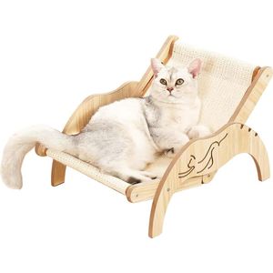 Kattenbed, verhoogde kattenbedbank van hout, modieuze kattenstoel met afneembare matrashoes, draagvermogen 10 kg (35x48cm), geschikt voor katten, honden, konijnen, kittens en kleine dieren