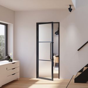 Complete glazen binnendeur - stalen draaideur - 89x216 met kozijn - mat glas - 3 vakken - links - met greep