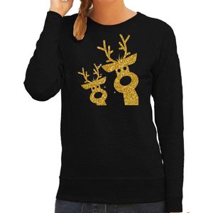 Bellatio Decorations foute kersttrui/sweater voor dames - gouden rendieren - zwart - glitter goud XXL