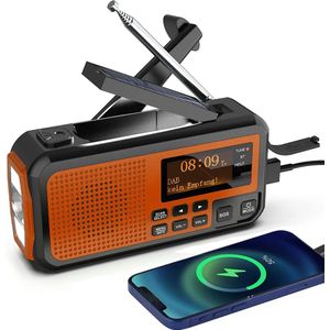 BR iTech Business - Draagbare NoodRadio - Noodpakket - Oranje - DAB+/ FM - Zonnepaneel - Bluetooth - 5200mAh - Powerbank - Zonneenergie - Zwengel - Kampeer-Radio - Solar - Noodradio Opwindbaar