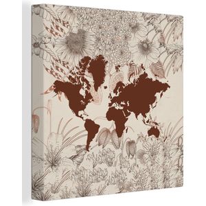 Canvas Wereldkaart - 20x20 - Wanddecoratie Wereldkaart - Bloemen - Rood