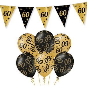 Leeftijd verjaardag feestartikelen pakket vlaggetjes/ballonnen 60 jaar zwart/goud - 18x ballonnen/3x vlaggenlijnen