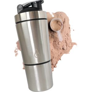 RVS Shakebeker met Poedercompartiment - Motivai® - Zilver - Shaker - 2 Delige Shaker - 600ml - Motivatie Waterfles - Dames - Voor het maken van Shake's - Thermo Shakebeker - Ook voor Supplementen - Extra Compartiment van 200g - Met Shakebal