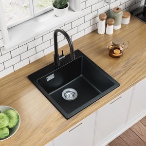 Auralum Spoelbak Keuken 45x45CM - Spoelbakken Graniet - Enkele spoelbak Zwart - Met waterafvoersysteem - Voor 45 cm kast
