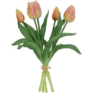 Kunstboeket Tulpen - Kunstbloem Zalm en Geel - 5 Stuks - 3D Geprint