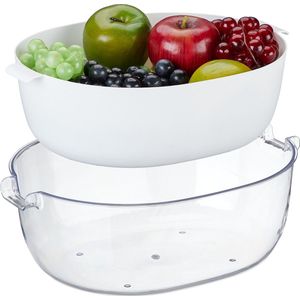 Relaxdays vergiet met kom - kunststof - voor groente fruit en pasta - handgrepen - transparant-wit