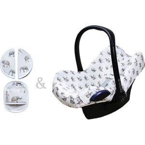 Wallabiezzz Beschermhoes met Gordelbeschermer - Set - Voor Maxi Cosi Cabriofix, Pebble, Citi - Baby Cadeau - Wit / Grijs - Olifant