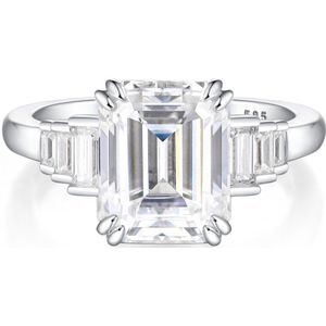Rectanglo - 14k Witgouden Smaragd Geslepen Moissanite Ring met Baguette Accenten - 3.5 karaat.