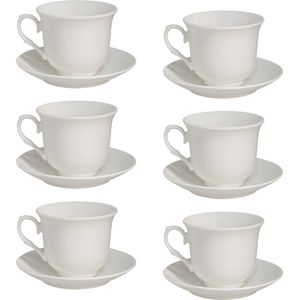 HAES DECO - Kop en Schotel set van 6 - inhoud 220 ml - kleuren Wit - Bedrukt Porselein met luxe geschenkdoos - Theeservies, Koffieservies, Theekoppen, Koffiekoppen, Cappuccino