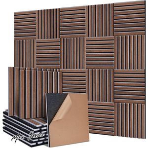 Mrs. Jones Vierkante zelfklevende akoestische platen - panelen set 4 stuks - 30 x 32 cm - walnootkleurige vezelplaat - vilt wandbekleding - woonkamer thuiskantoor studio .