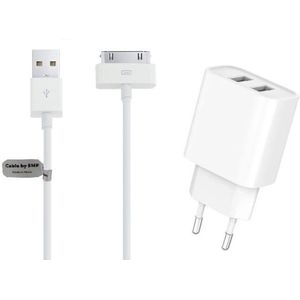 OneOne 2.1A lader met 2 poorten + 3,0m USB kabel. Universele oplader adapter past op Apple iPhone 3G, 3Gs, iPhone 4, 4s, iPad 1, iPad 2, iPad 3, iPod Classic, iPod Mini, iPod Nano 1, 2, 3, 4, 5, 6, iPod Touch 1, 2, 3, 4