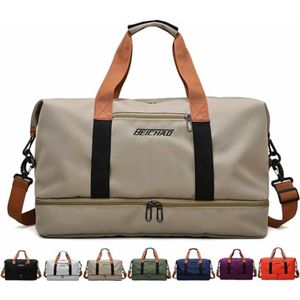 Sporttas & Reistas voor dames en heren, Weekendtas, Duffle Bag met schoenenvak en nat vak, grote capaciteit, reistas, lichte trainingstas, waterdichte zwemtas voor reizen, sport, fitness, Khaki tas