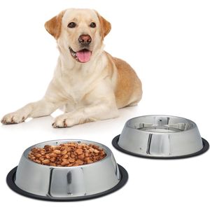 Antislip dinnerset hond - voer- en drinkbak - rvs voerbak - antislip hondenvoerbak zilver - 18 cm - 0,7L - 2 bakken