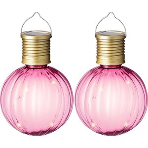 Lumineo tuin/buiten 4x stuks Led lampje/lampion solar verlichting roze 11 x 8 cm - Tuinverlichting zonne-energie