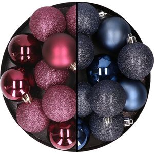 24x stuks kunststof kerstballen mix van aubergine en donkerblauw 6 cm - Kerstversiering