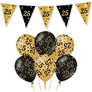 25 Jaar Verjaardag Decoratie Versiering - Feest Versiering - Vlaggenlijn - Ballonnen - Klaparmband - Man & Vrouw - Zwart en Goud