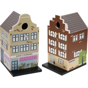 Pro Garden Vogelhuisjes - set 2x - grachtenpand design - hout - 15 x 12 x 23 cm - nestkastjes