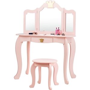 Kindermake-uptafel met kruk en afneembare spiegel, meisjes kaptafel hout, kindertafel met lade, spiegeltafel 80 x 42 x 105 cm (roze)