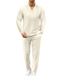 Elegante Beige 2-Delige Trainingspak – Formeel & Casual Kostuum | Broek & Lange Mouwen | Stijlvolle V-Hals Revers Kraag | Maat XXL