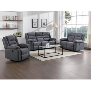 Elektrische driezits- en tweezits-relaxbank en -fauteuil van grijze stof BUROLO L 199 cm x H 103 cm x D 95 cm