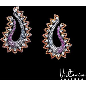 Victoria Valenza Saint-Tropez Luxe Oorbellen Dames Messing Oorringen - Meerkleurige Steen - Kleur Zwart - 1 Paar