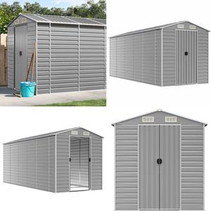 vidaXL Tuinschuur 191x470x198 cm gegalvaniseerd staal lichtgrijs - Tuinschuur - Tuinschuren - Houtopslag - Brandhoutopslag