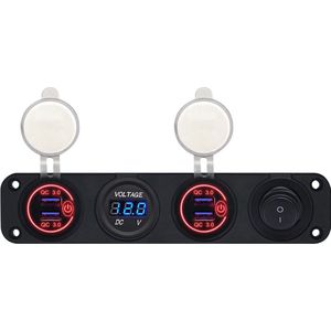 ProRide 12V USB Autolader 4 Poorten - QC3.0 - Voltmeter en Schakelaar - Viervoudig inbouw paneel