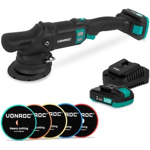 VONROC PRO Excentrische Polijstmachine 20V - Ø 125mm - Brushless motor – 7 snelheden (2000-5000/min) - Soft Start– Complete set incl. 2x 2.0Ah Accu’s, Snellader en 5 Polijstschijven