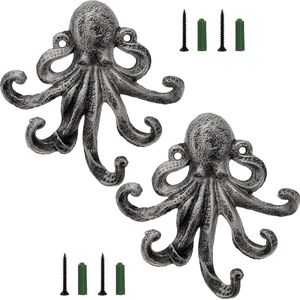 2 stuks octopushaken, decoratieve gietijzeren octopus, 5 tentakels, wandhaken, wandgemonteerde sleutelhaken, kapstok, handdoekhouder, dierenkledinghaak voor mantel, handdoek, tassen, zilver