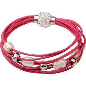 Zoetwaterparel armband Bling Pearl Red - echte parels - echt leer - wit - rood - zilver - magneetslot