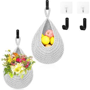 Set van 2 hangende manden, keukenmuurmand, hangende mandenset, natuurlijk katoenen touw, handgeweven fruitmand, hangende manden, plantenmand, hangend, fruit- en groenteopslag voor keuken met 6