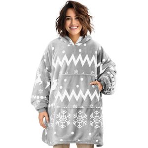 Homelevel unisex hoodie deken - XL - Zachte fleece - Voor volwassenen - Voor man en vrouw - Met zakken en capuchon - Lichtgrijs met witte print