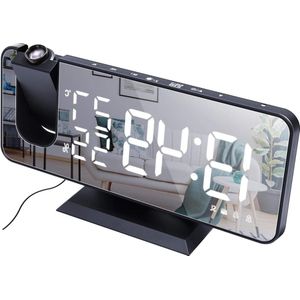 Projectiewekker met groot 74 inch LED-spiegeldisplay en 4 dimmer-radiowekker voor slaapkamer - USB-opladen - 180 ° draaibaar - 2 geluiden - zwart-wit